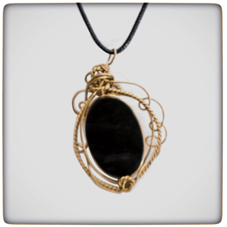 corded 11 back obsidian stone with bronze pendants
