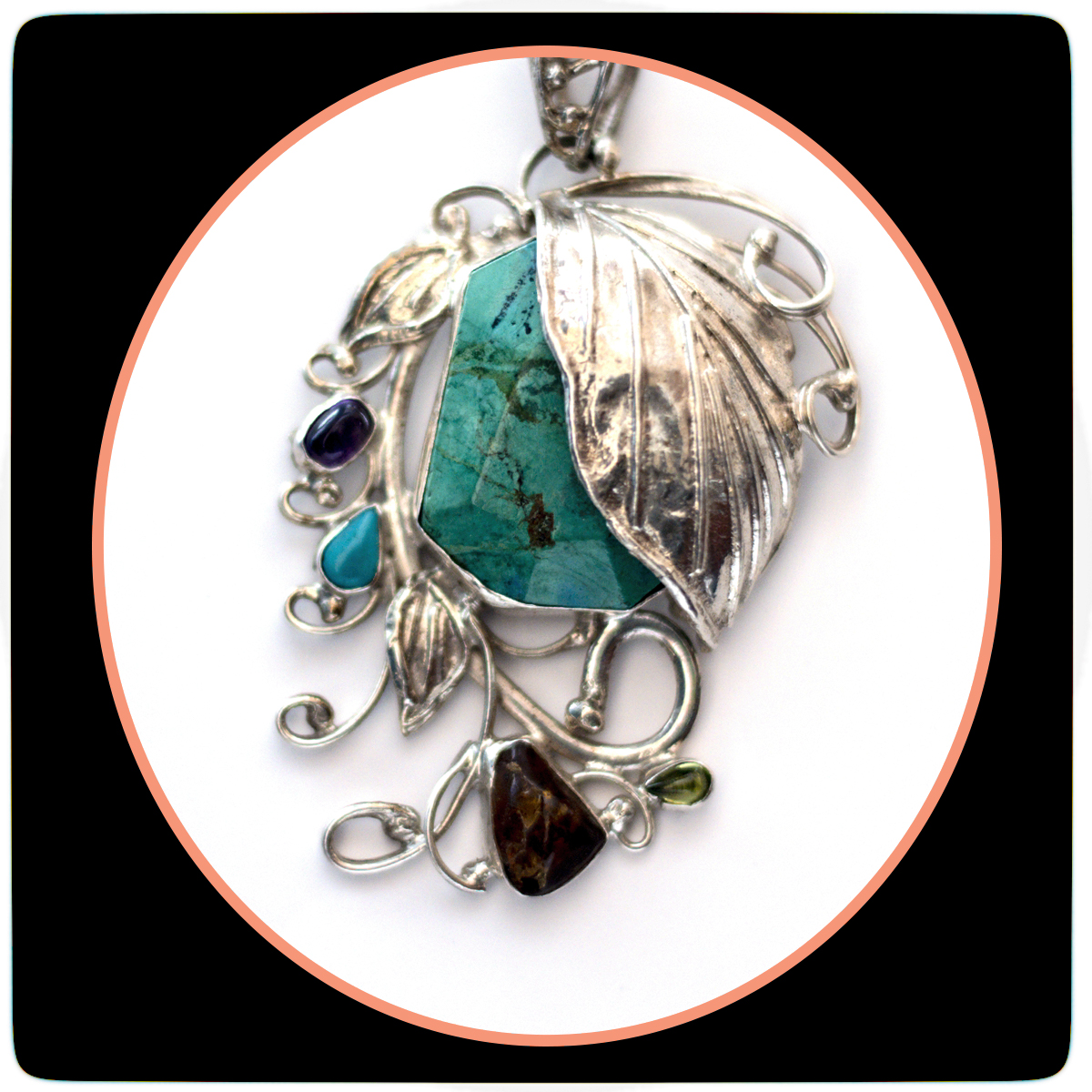 Silver and Chrysocolla Pendant Enhanced with Jade Amber and Amethyst
